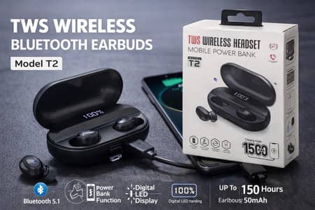 TWS Wireless Bluetooth Earbuds T2 | Power Bank Case | Best Quality
