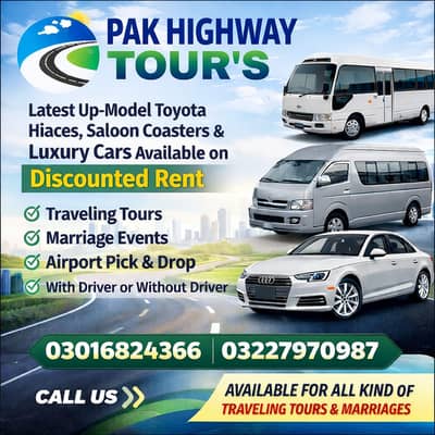 Rent A Car, Hiace , Coaster, Grand Cabin, Fortuner, Civic, Kia Sportag