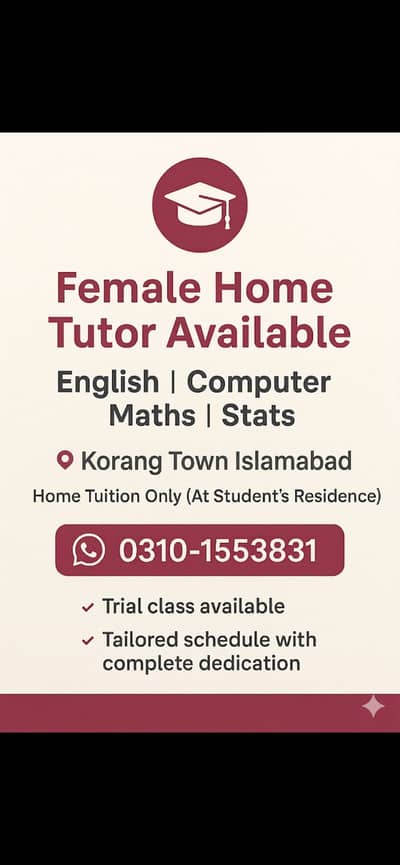 Female Home Tutor Available – Maths, English, Statistics, Computer