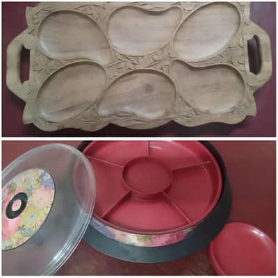 1) dry fruit tray wooden, Rs 1500 2) Dry fruiter with plates, Rs 1200