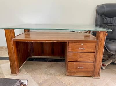 Solid Wooden Office Table with Glass Top