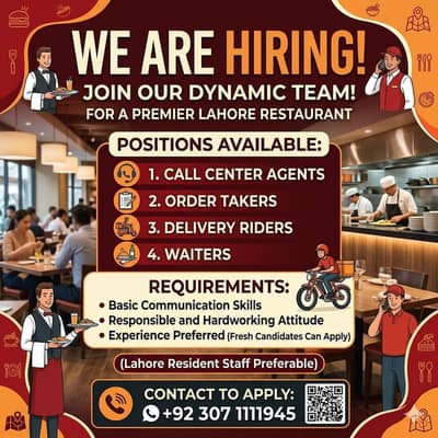 Restaurant Jobs || Waiters ' Delivery Rider ' Order Taker' Call Operat