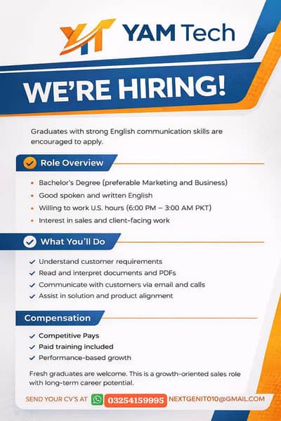 Graduate with strong English communication skills are required