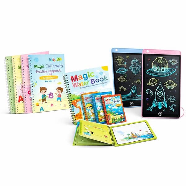 “Kids Magic Learning Combo – 4 Magic Practice Copybooks + Magic Water Coloring Book + 8.5” Multicolor LCD Writing Tablet – Educational, Creative, Mess-Free & Montessori Learning Kit for Preschool & Early Learning”