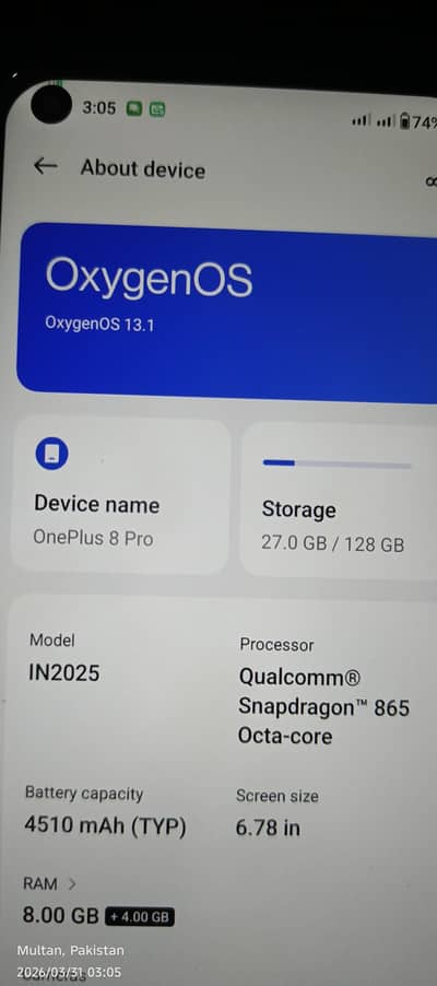 oneplus 8 pro pta approved 8+8/128 Snapdragon 865