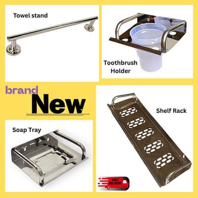 Bathroom Accessories Set - Towel Stand, Shelf Tray, Soap Dish & Holder