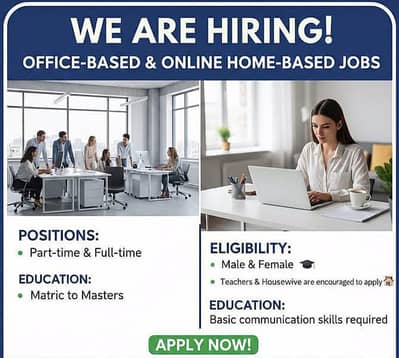 Office & Online Work Jobs Available – Male/Female (Lahore)