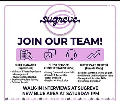 Need GCO Female GSR male And manager