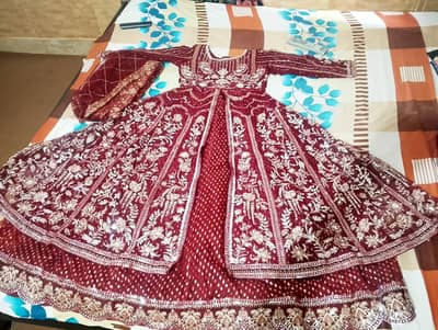 luxury maroon bridal maxi Heavy enbriodered wedding wear dress w