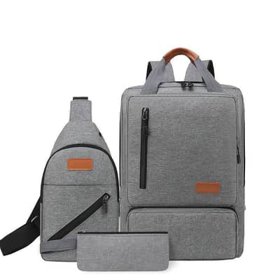 “Gray Casual 3-Piece Travel Backpack Set for Men Women Students”