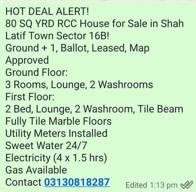 80 Gas RCC House For Sale in Shah latif Town
