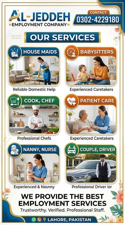House maids, Maid, Baby Sitter, Chef, Home Cook, Patient Care, Driver