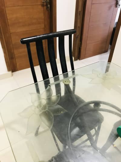 Glass Dinning Table with 6 Iron Chairs