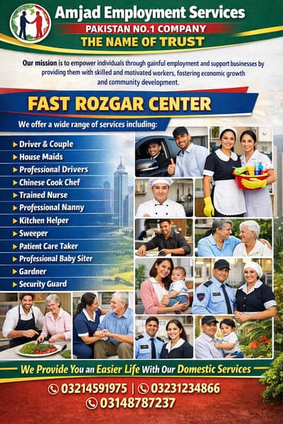 House Maids Baby Sitter Cook Drivers Chef Couple all Domestic staff