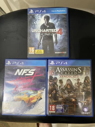 Uncharted 4, Nfs heat , assasin creed ps4