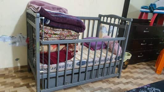 Baby Cot gray used with mattress and two drawers