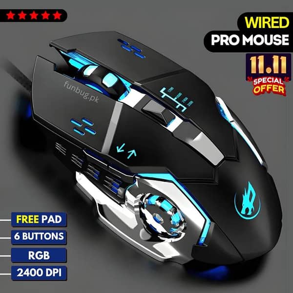PRO Wired Gaming Mouse RGB with 3200dpi - Breathing LED USB Wired Optical Computer Mouse with 6 Buttons & Braided Wire including Side Buttons - Mouse with FREE Mouse Pad for laptop, PC, Gaming & Office Use by FunBug