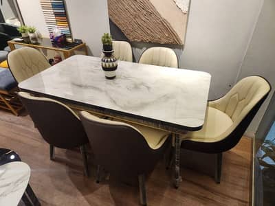 6 seater dining table/UV top table/metal steel chair/luxury dining set