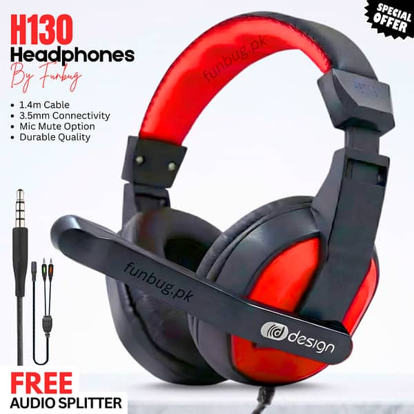 FunBug Premium Gaming Headphones H130 – Over-Ear Stereo Headset with 360° Noise-Reducing Microphone, 3.5mm/Wired USB Compatible, for PC, Laptop, Mobile, PS4, Xbox
