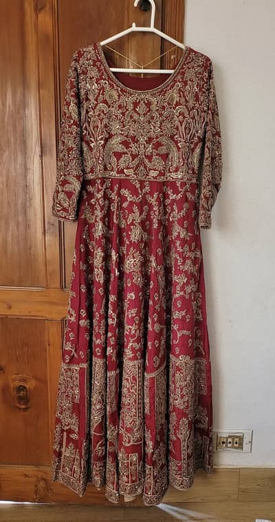 Bridal Red & Gold Pishwas Frock and Lehenga