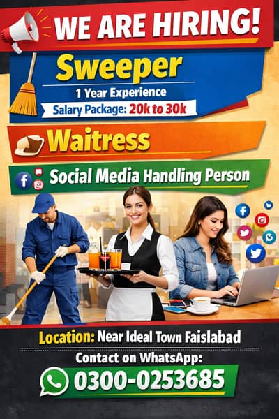 Hiring Sweeper, Waitress & Social Media Handling Staff – Faisalabad