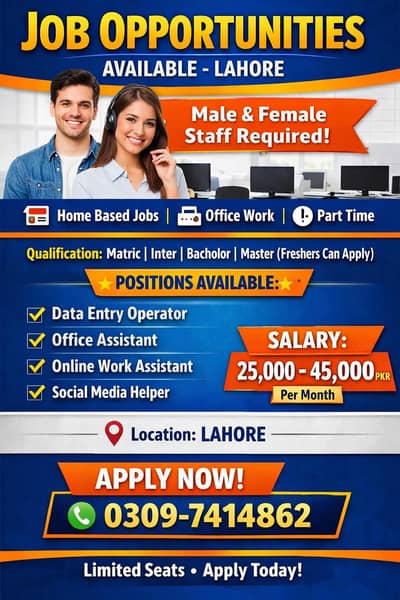 Office & Online Work Jobs Available – Male/Female (Lahore)