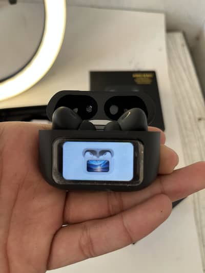 Black a9 pro ANC bluetooth 5.4 wireless earbuds with smart screen.
