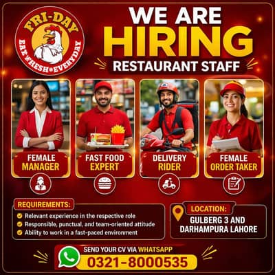 Female Manager / Fast Food Expert / Delivery Rider / Restaurant Job