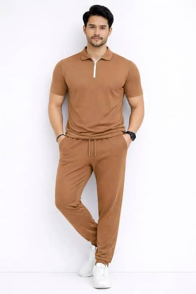 Men's brown slim fit track suit set