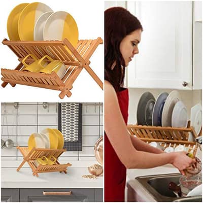 Bamboo Foldable 2-Tier Wood Dish Drying Rack