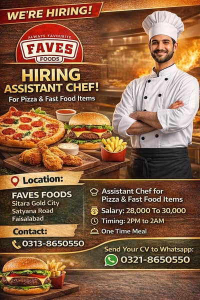 Urgent Hiring for Assistant Chef for Fastfood