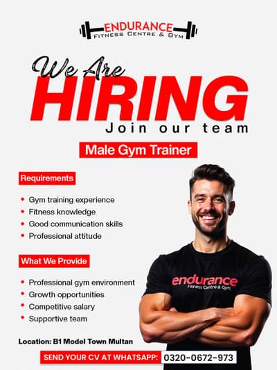 Hiring Male Gym Trainer | Endurance Fitness Centre