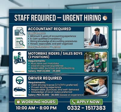 Accountant Required || Motorbike Riders / Sales Boys || Driver Jobs