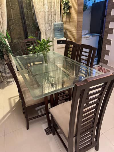 Wooden Dining Table, glass top with 6 chairs