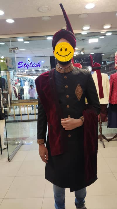 Black Sherwani for Groom Full Set | Wedding Sherwani with velvel shawl