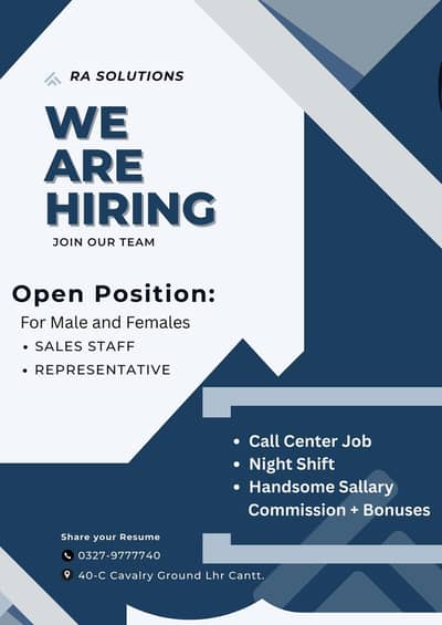 call center job for Male and females