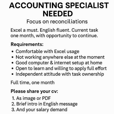  Job Opening: Accounting Specialist (Remote, 1 Month Contract)