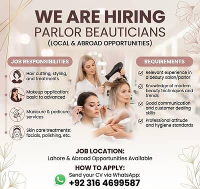 Parlor Beauticians Required || ( Local & Abroad ) || Beautician Job