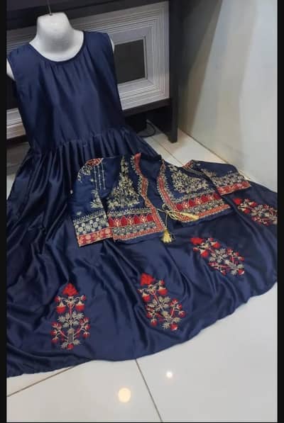 Blue Embroidered Shamoz Silk Maxi & Jacket Set. WhatsApp 03173945698