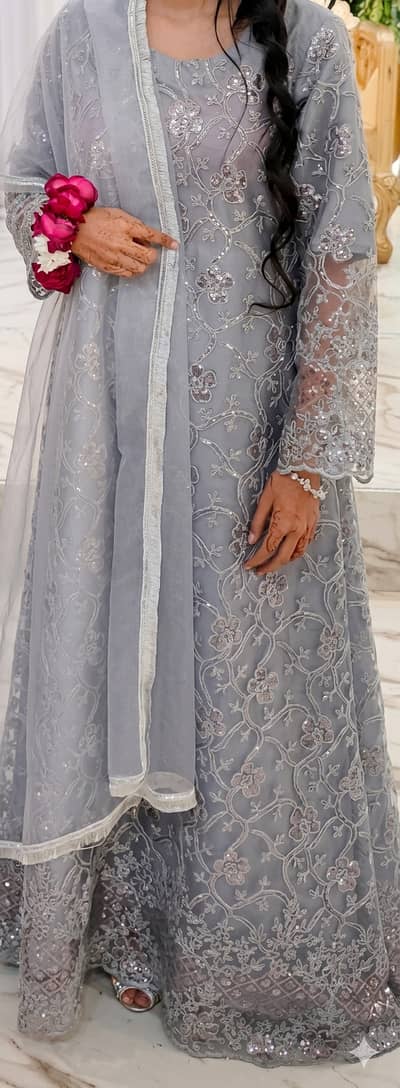 Short Frok with Shrara | Stunning Grey Net Maxi | Party Wear Dress