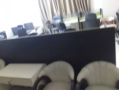 9 Workstations & 2,3 Interwood Tables, 4 White & Black Desks & Chairs