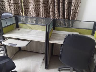 9 Workstations & 2,3 Interwood Tables, 4 White & Black Desks & Chairs