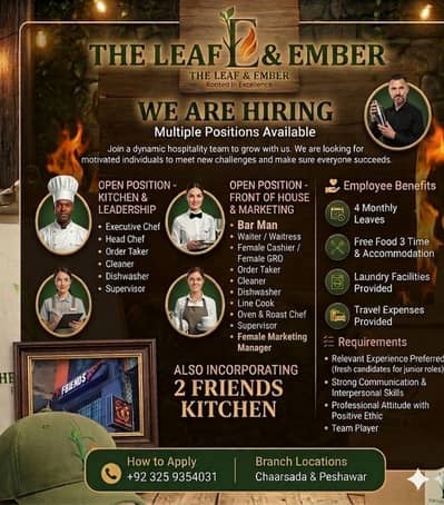 Jobs For Male And Female, Chef, Supervisor, Order Taker, Waiters,