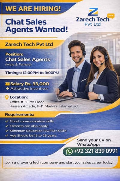 Chat Sale Agent Required - Call Center Staff Hire - Male & Female Job