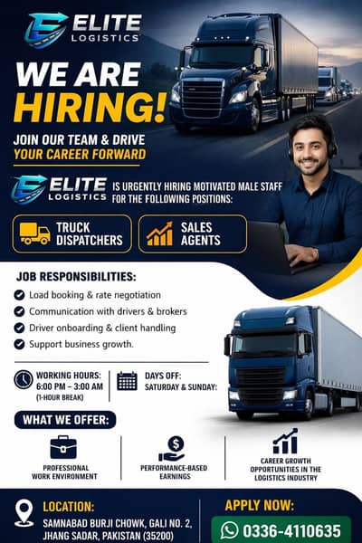 Male Staff for Elite Logistics | Truck Dispatchers & Sales Agents