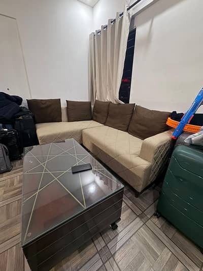 Luxury L-Shape Sofa Set + Glass Centre Table