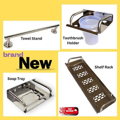 Bathroom Accessories Set - Towel Stand, Shelf Tray, Soap Dish & Holder
