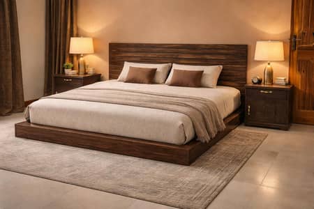low profile bed witn two side tables