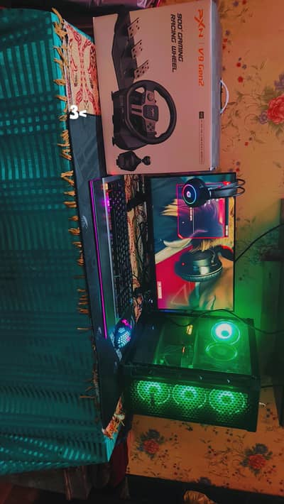 COMPLETE HIGH END GAMING SETUP  WITH BRANDED STEERING WHEEL. .