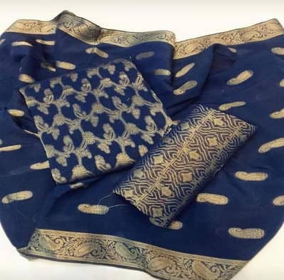 Blue Cotton Jacquard Printed Women's 3-Piece Suit Set